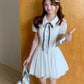 Preppy style fitted waist puff sleeve dress R9072