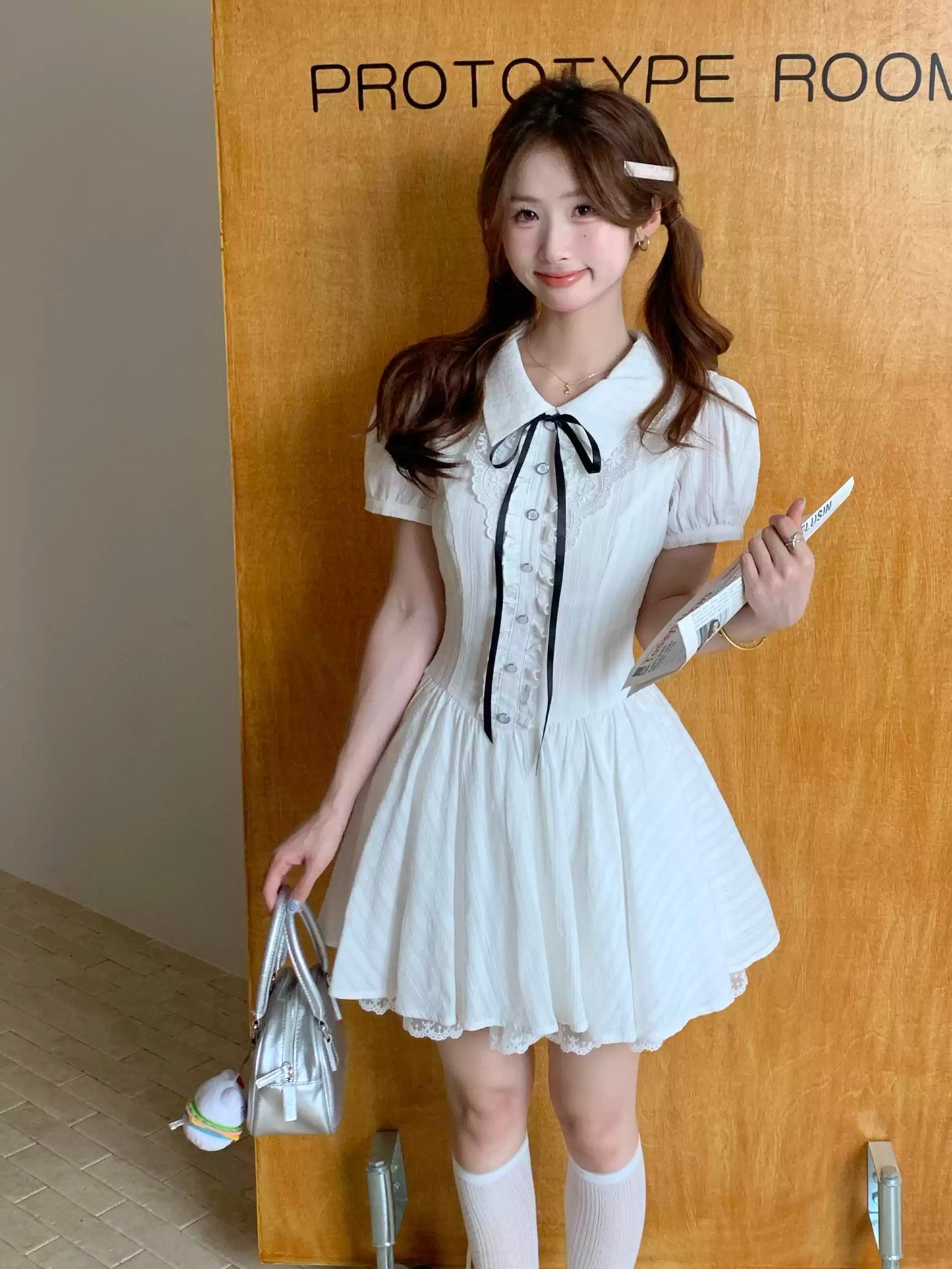Preppy style fitted waist puff sleeve dress R9072