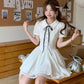 Preppy style fitted waist puff sleeve dress R9072