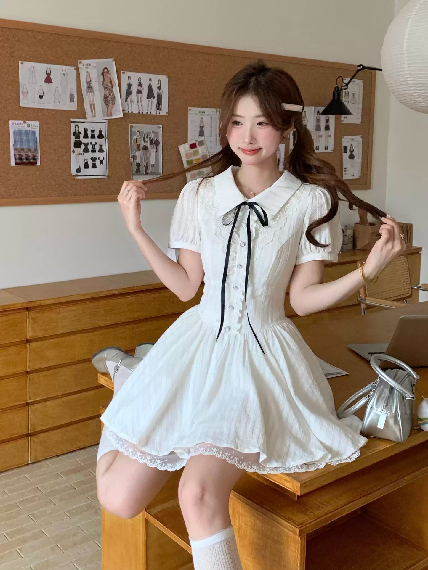 Preppy style fitted waist puff sleeve dress R9072