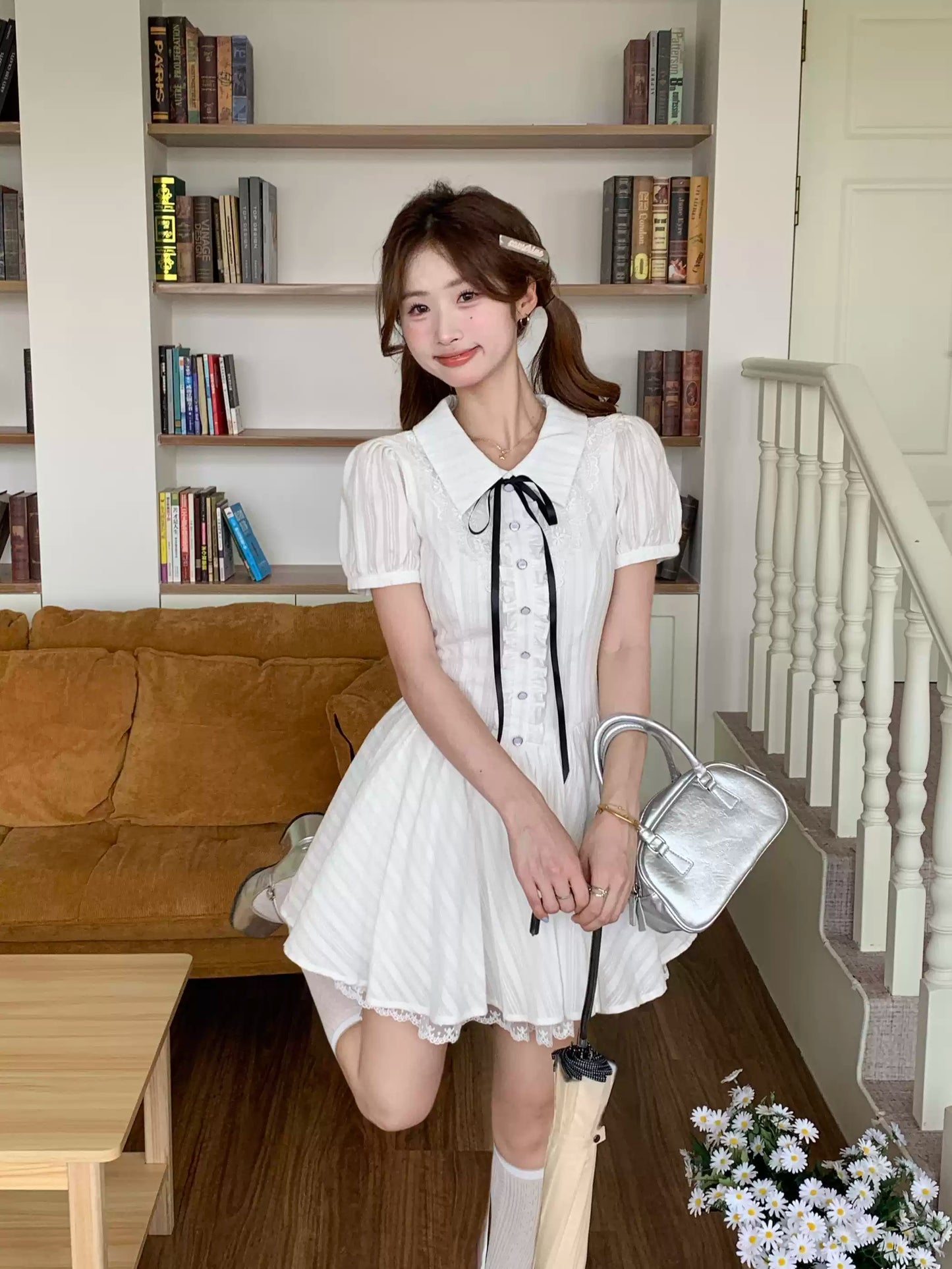 Preppy style fitted waist puff sleeve dress R9072