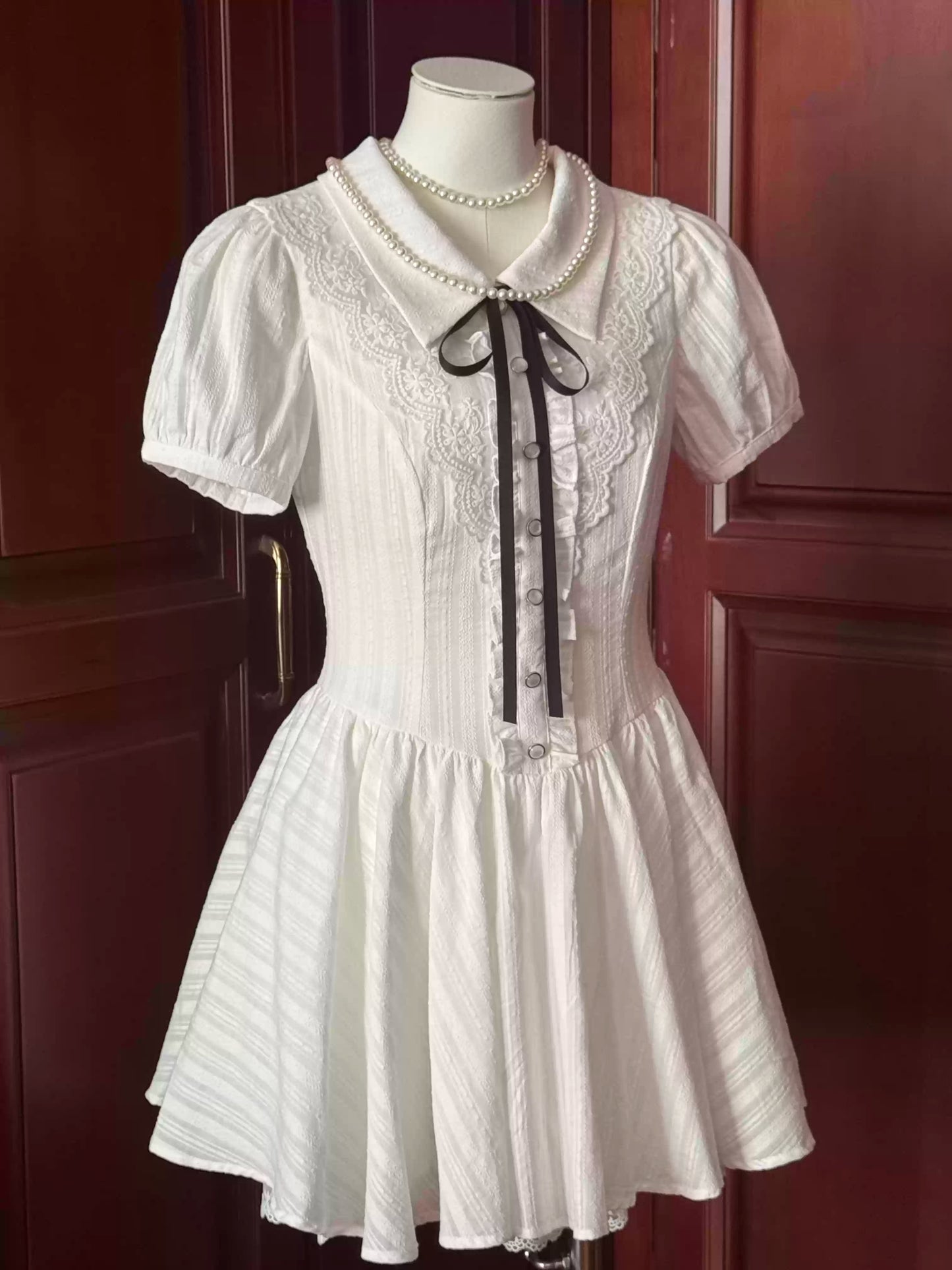 Preppy style fitted waist puff sleeve dress R9072