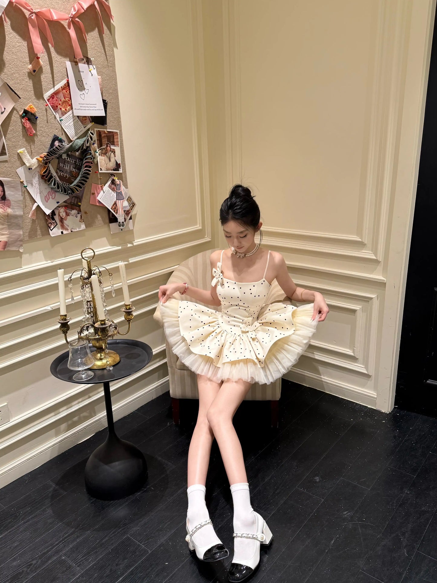 French-style polka dot fitted mesh princess dress R9073