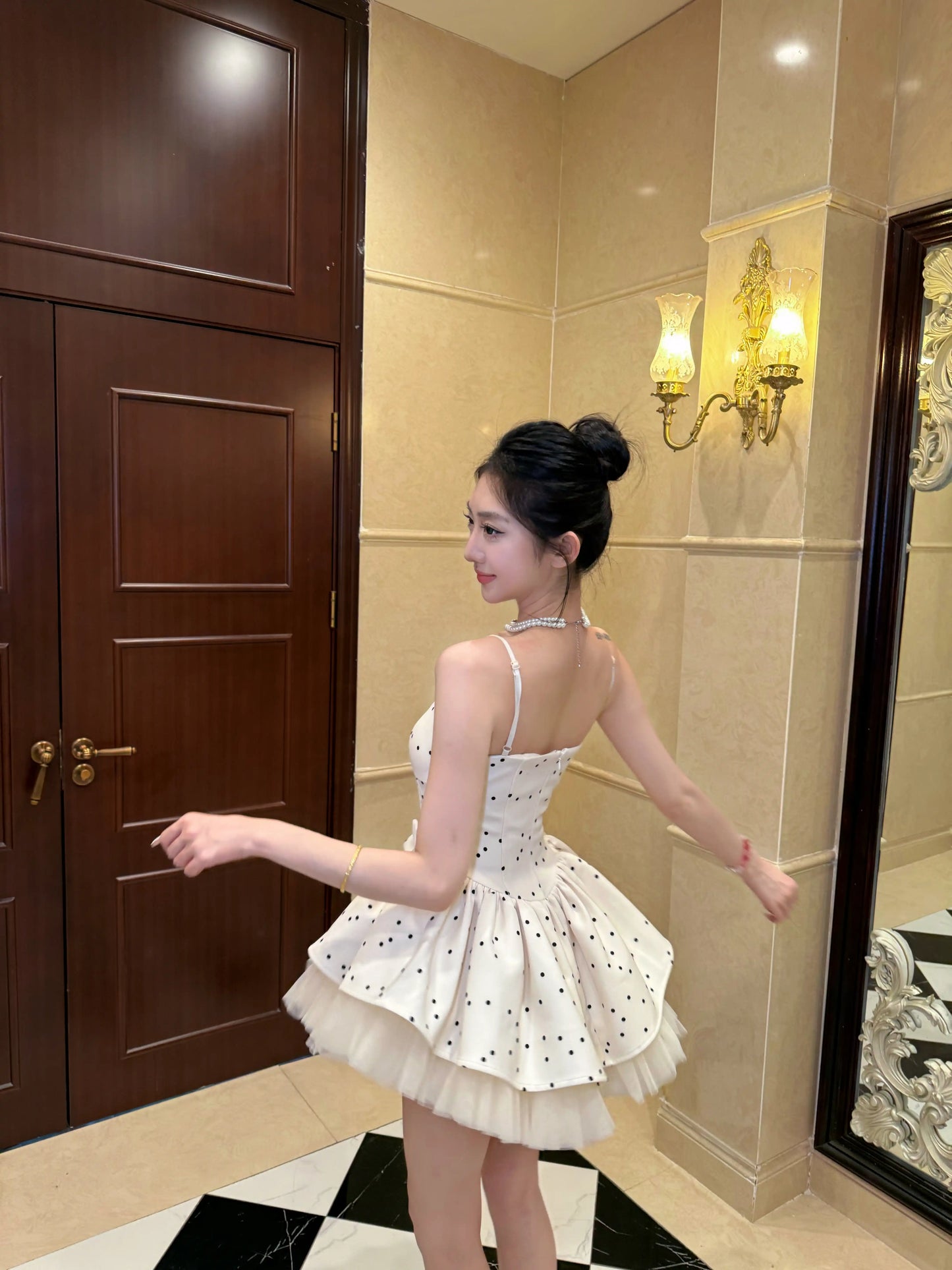French-style polka dot fitted mesh princess dress R9073