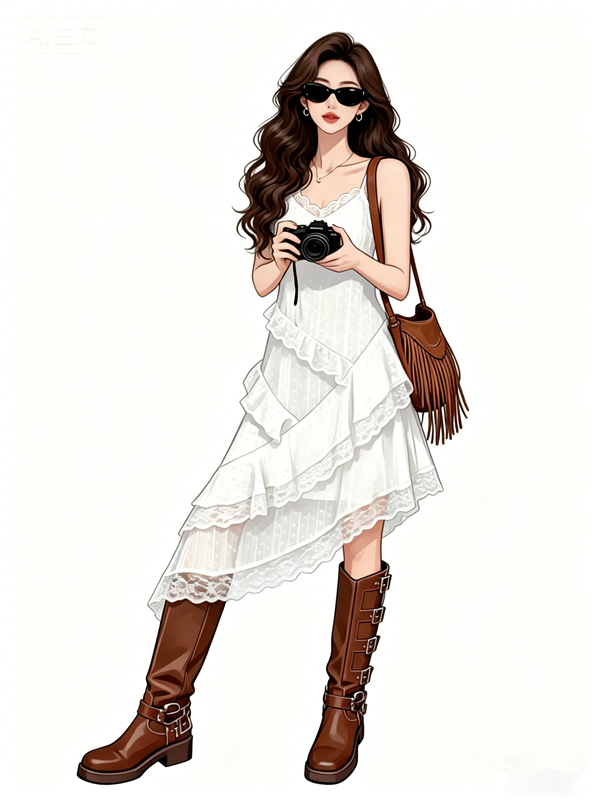 French-style white vacation cake-style A-line sundress R9077