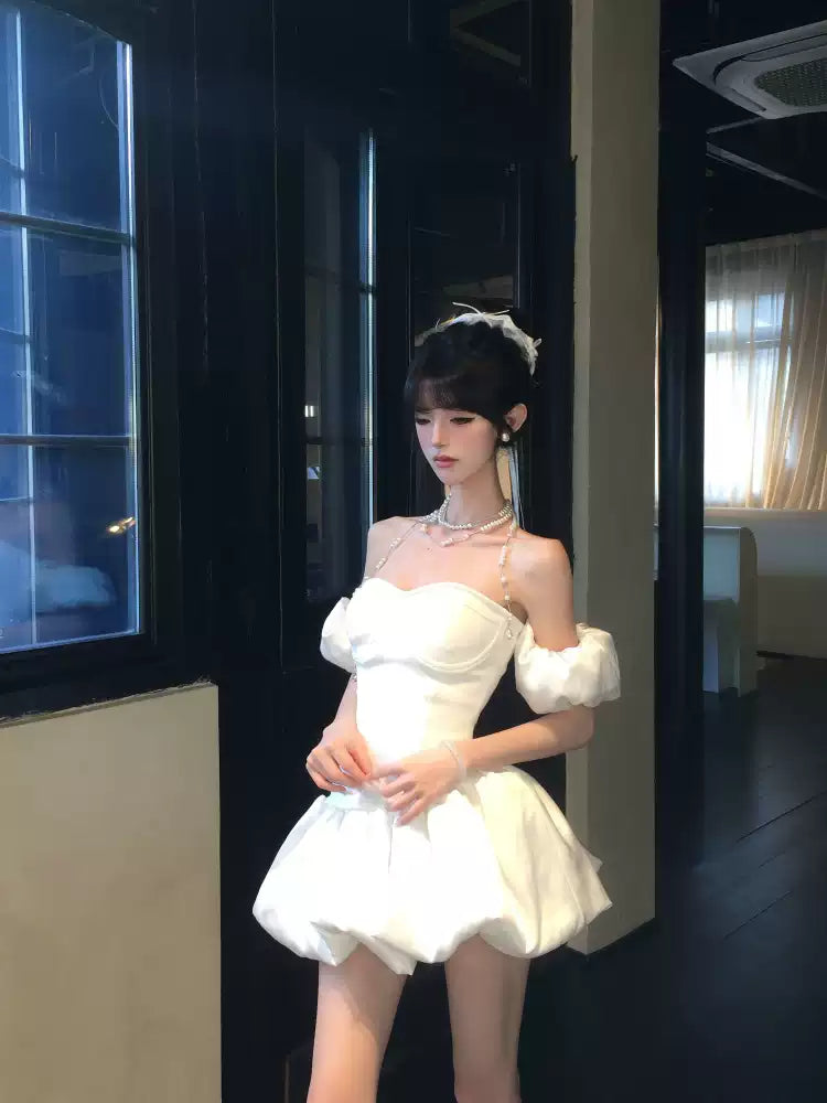 Haute Couture Heavy Satin Princess Dress with Puff Sleeves R9079