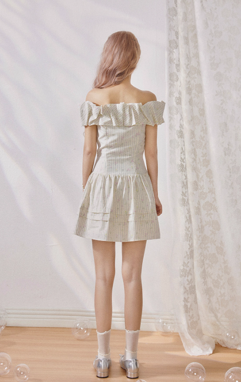 Tea pure cotton striped print pleated waist one-shoulder dress R5213