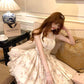 Floral print dress with cinched waist and lace princess skirt R9081
