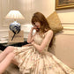 Floral print dress with cinched waist and lace princess skirt R9081