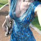 Blue floral lace V-neck fitted dress R9082