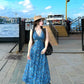 Blue floral lace V-neck fitted dress R9082