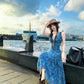 Blue floral lace V-neck fitted dress R9082