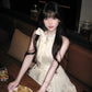 Sleeveless halter neck fitted waist rhinestone bow dress R9083
