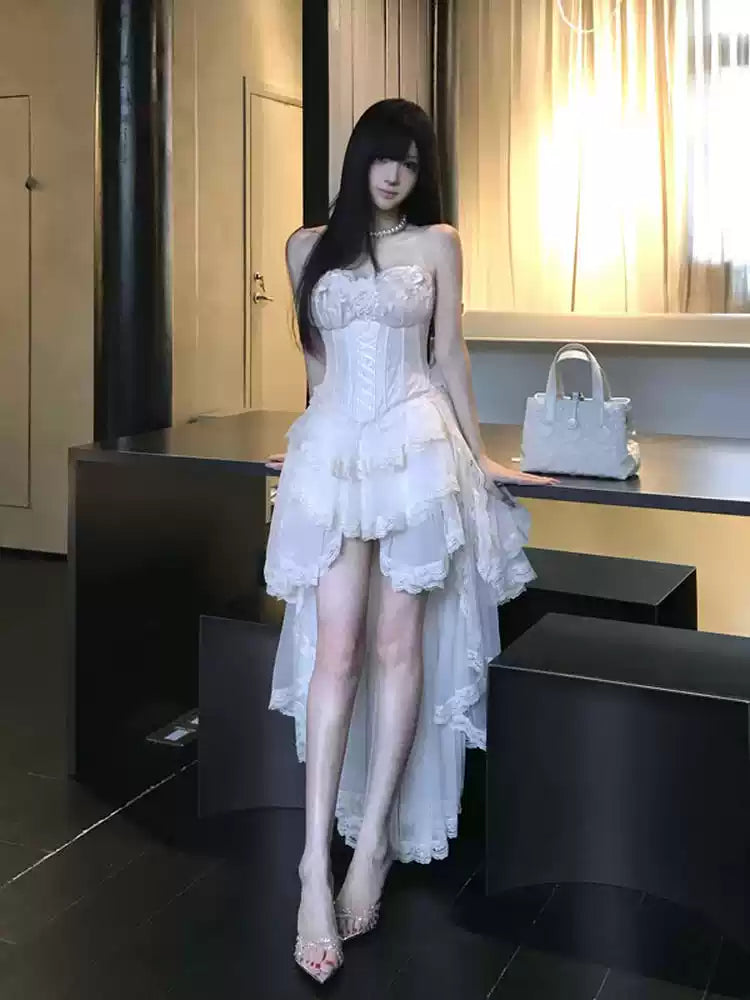 High-end elegant strapless asymmetrical dress R9086