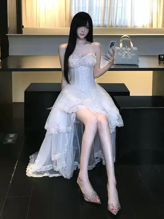 High-end elegant strapless asymmetrical dress R9086