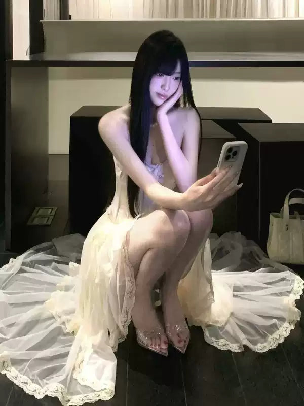 High-end elegant strapless asymmetrical dress R9086