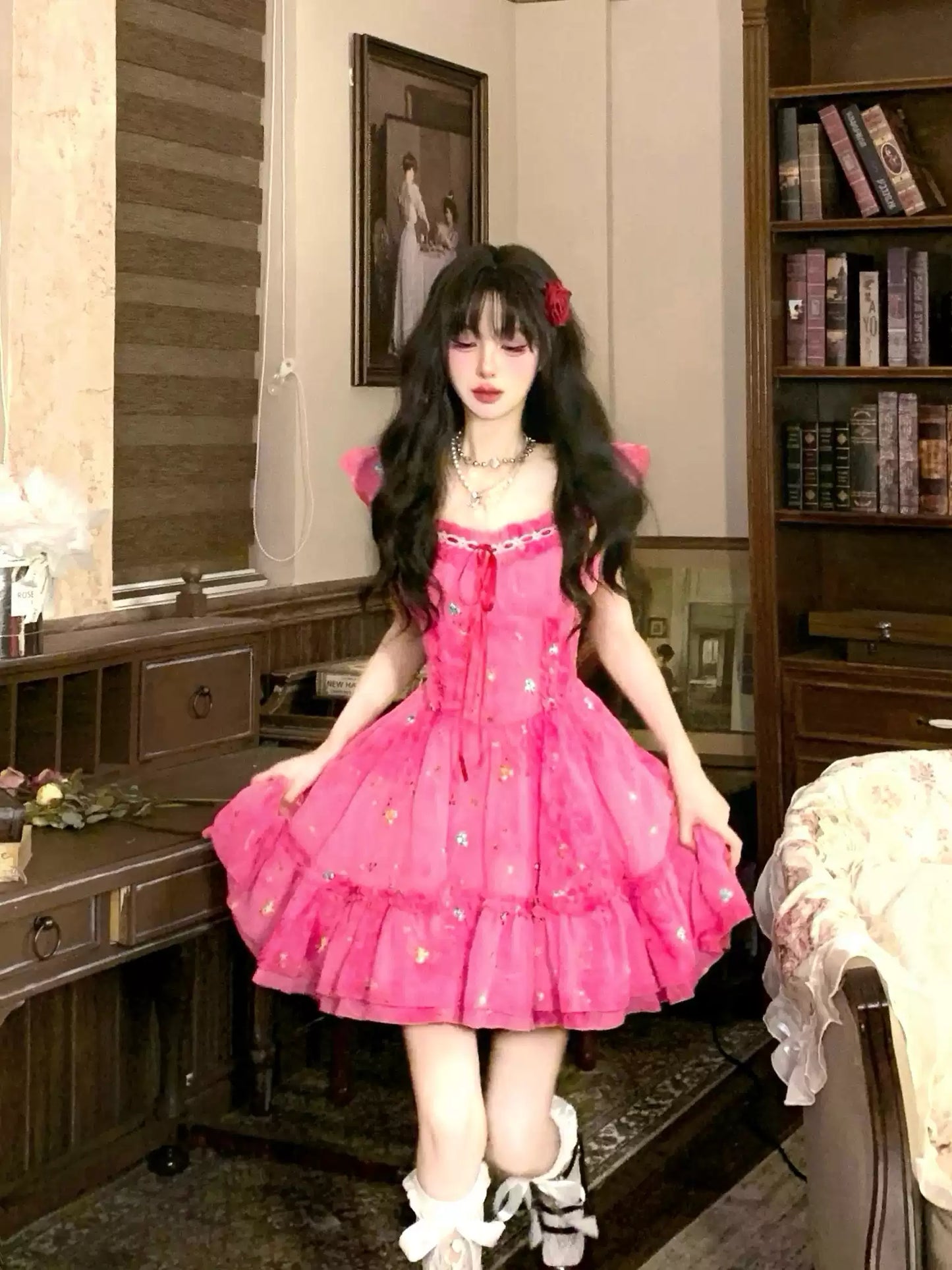Rose red embroidered tie-dye dress R9087