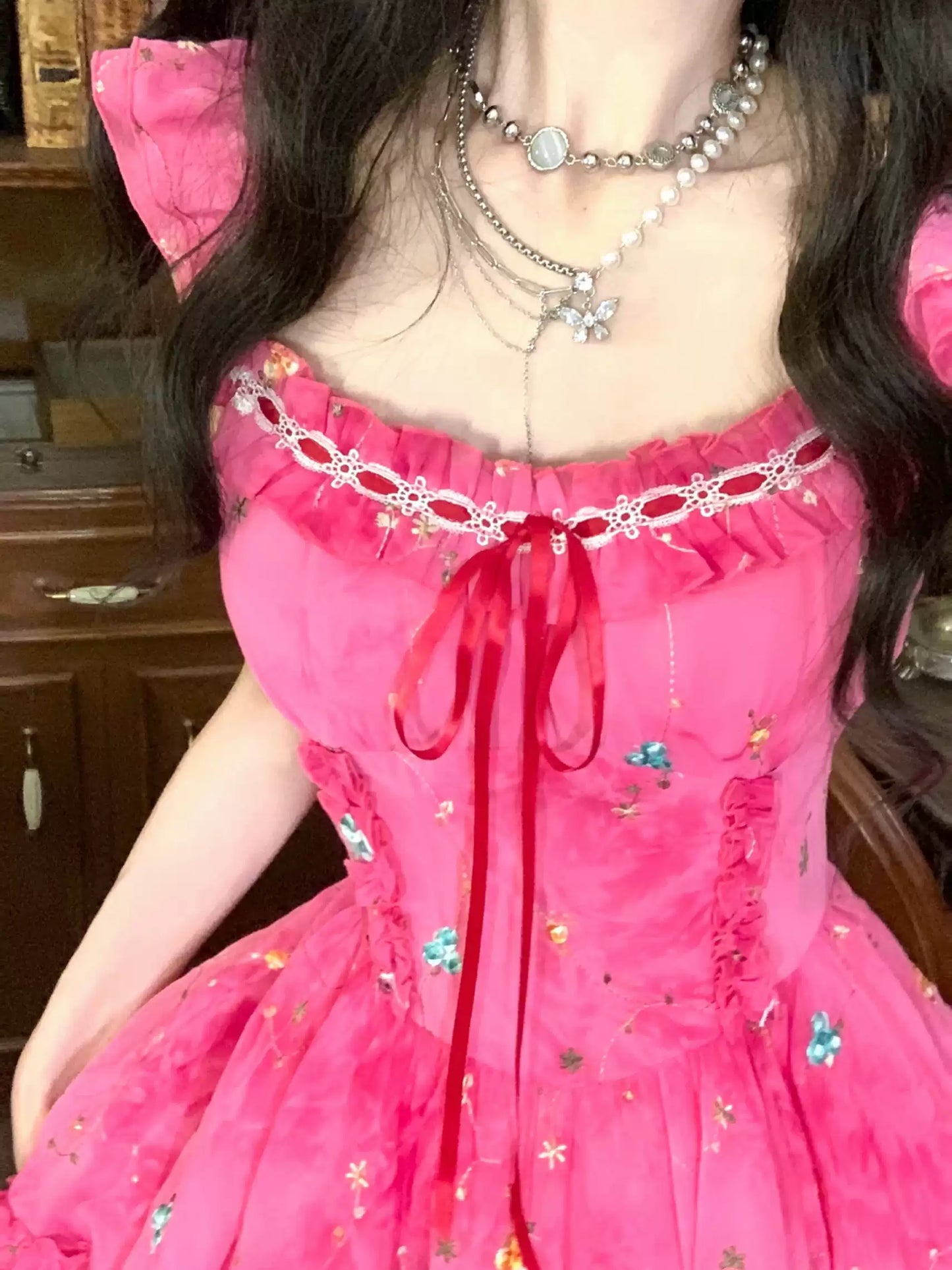 Rose red embroidered tie-dye dress R9087