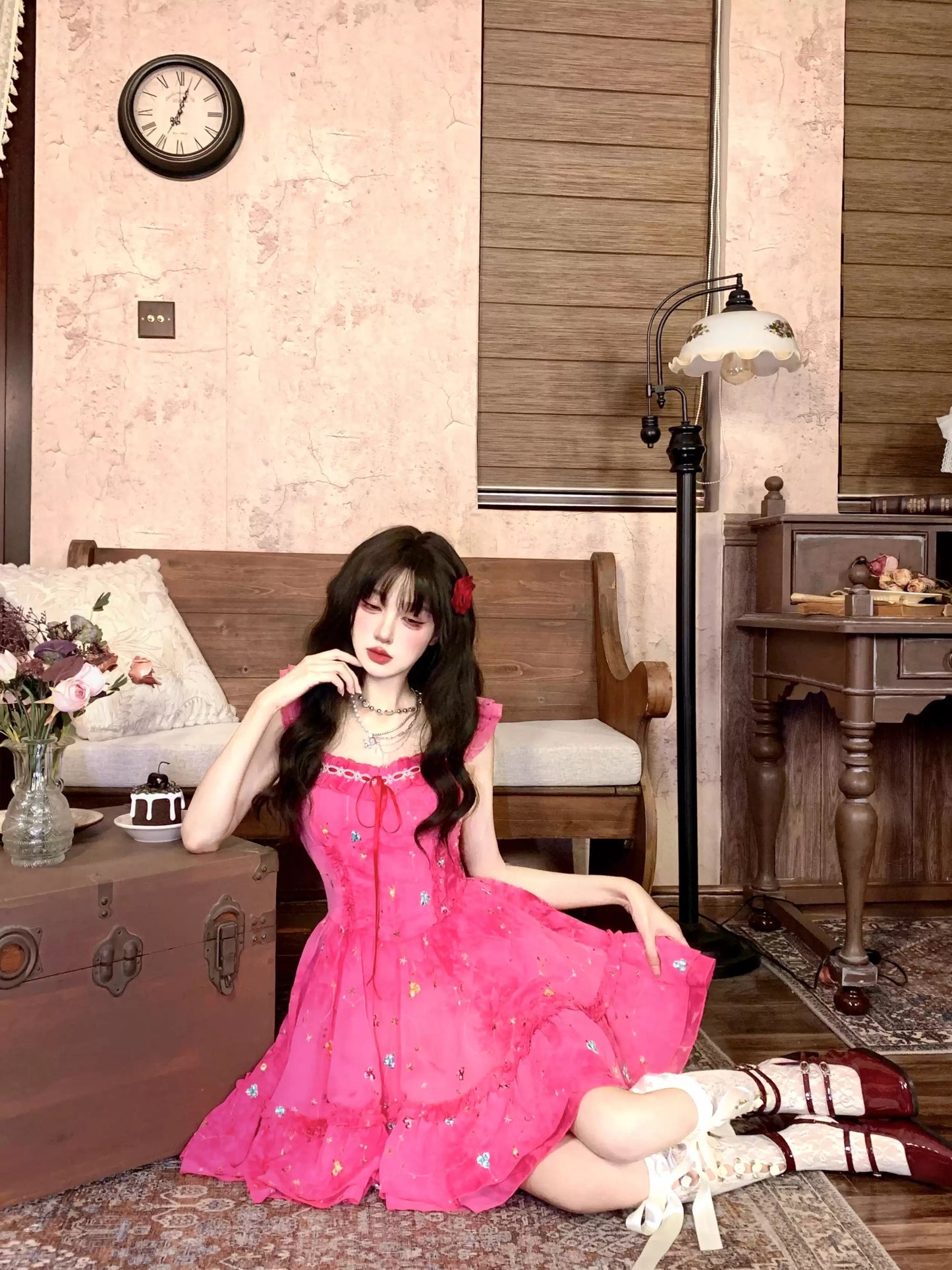 Rose red embroidered tie-dye dress R9087