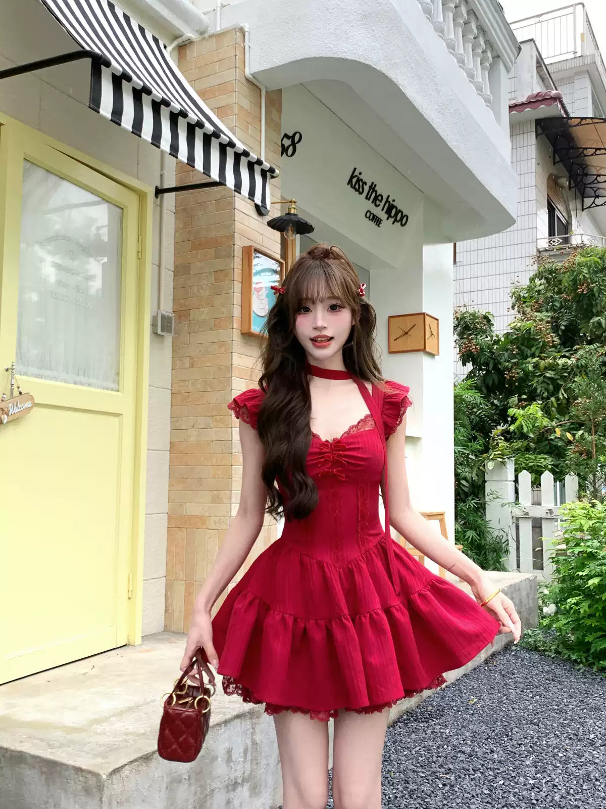 Burgundy French ballet style fitted waist dress R9088