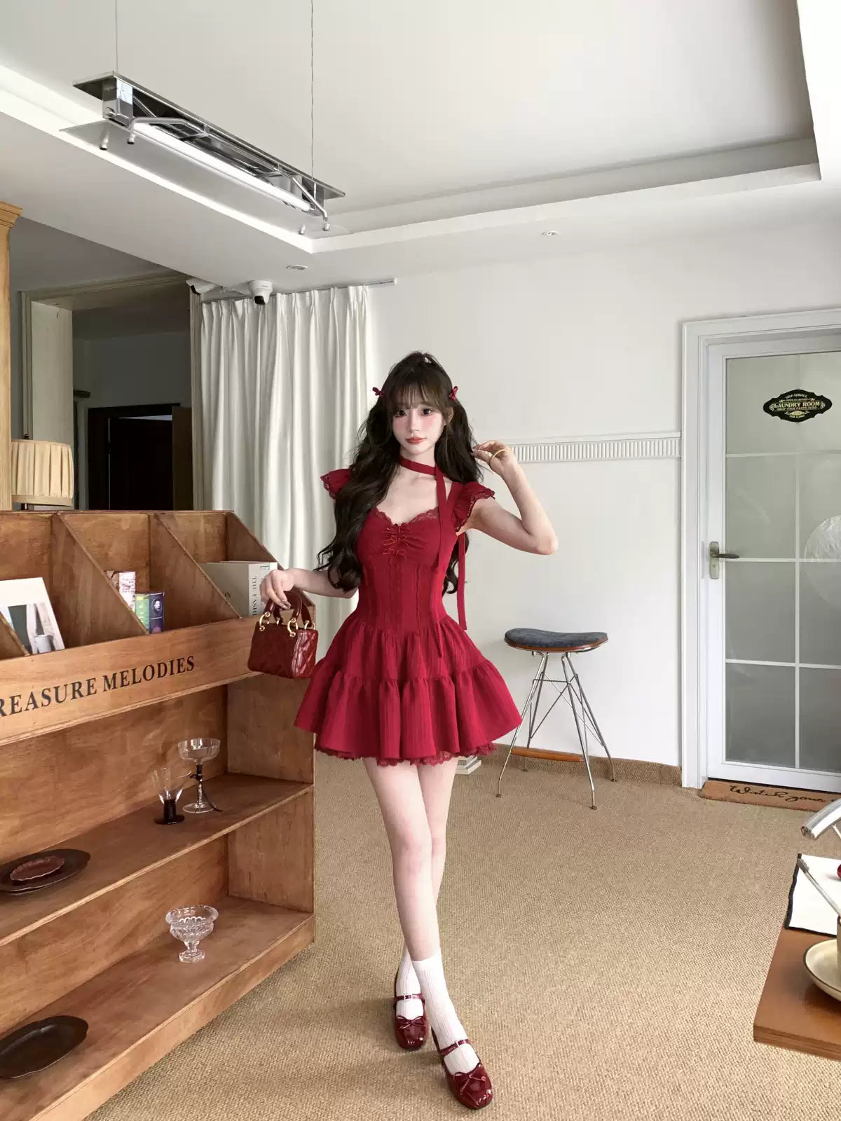 Burgundy French ballet style fitted waist dress R9088
