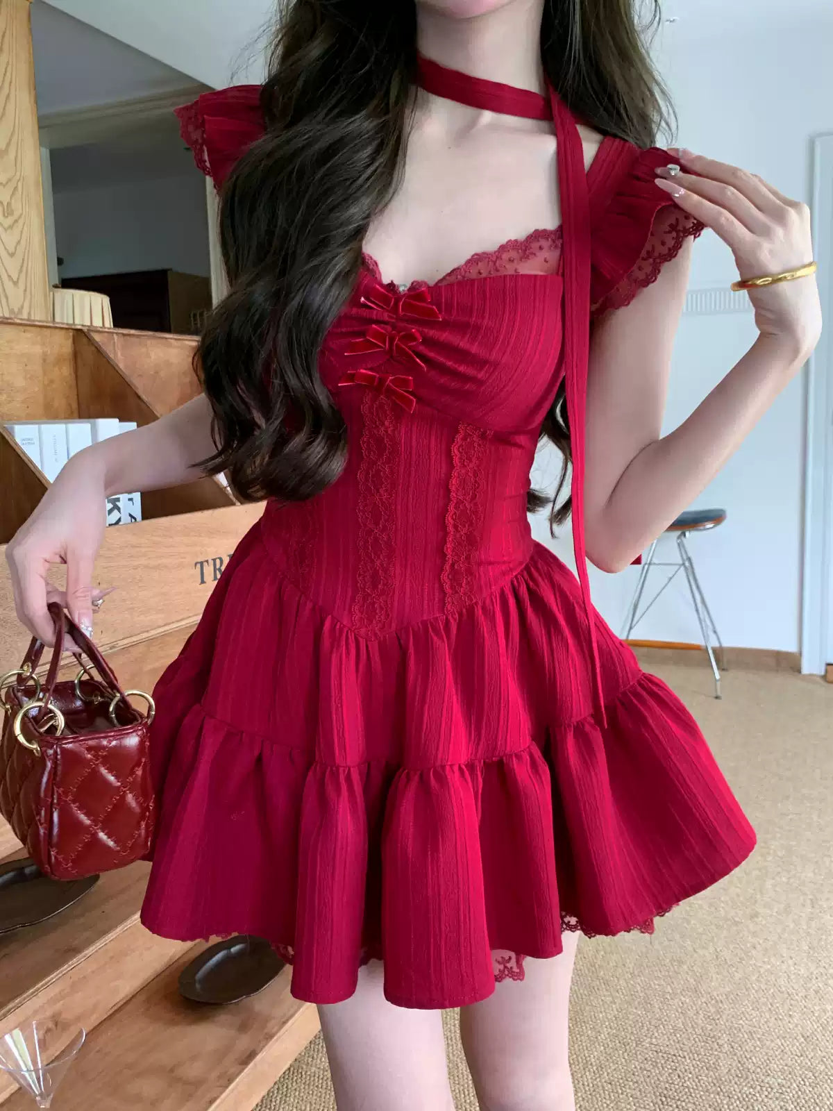 Burgundy French ballet style fitted waist dress R9088
