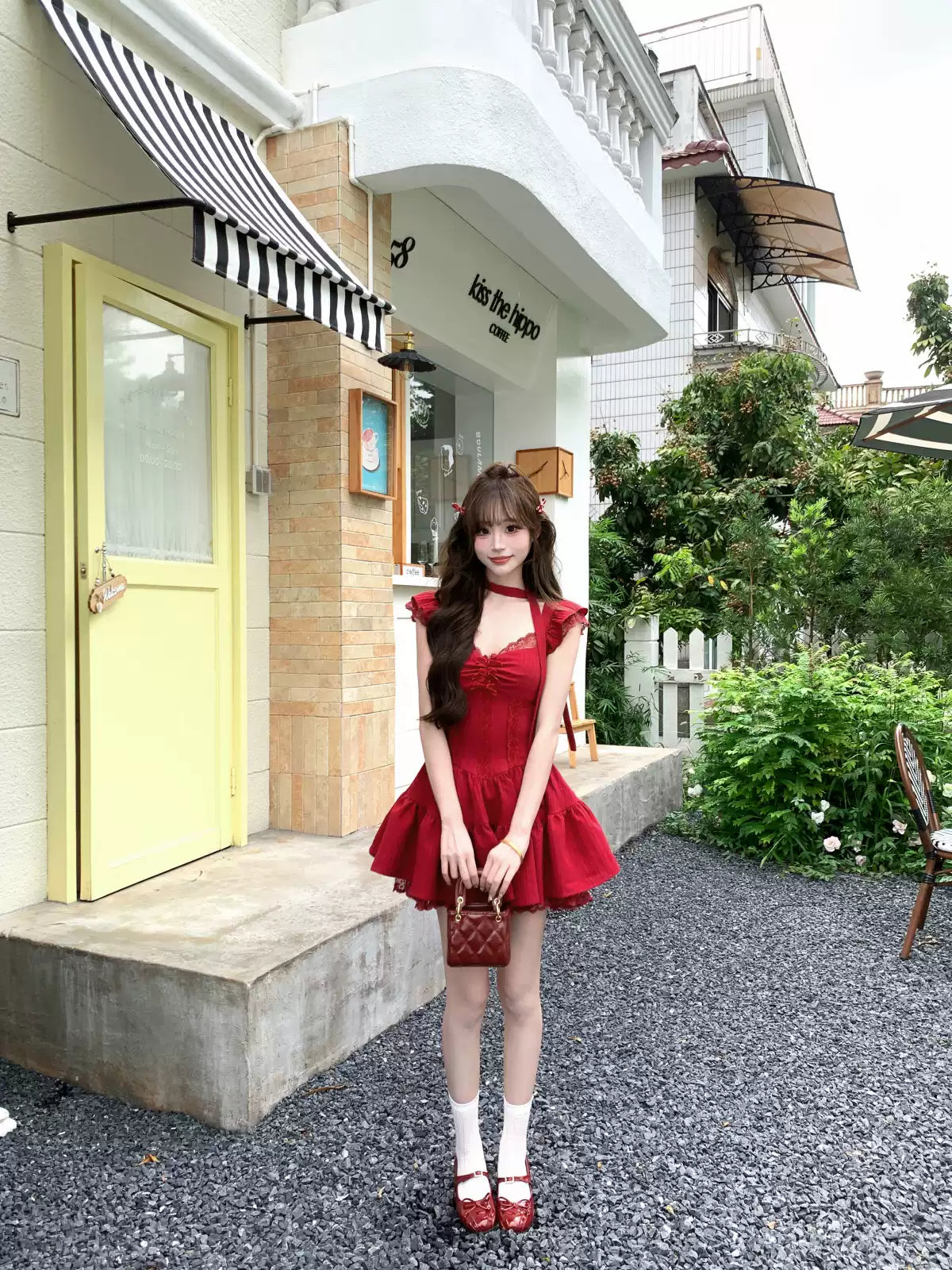 Burgundy French ballet style fitted waist dress R9088