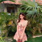 Red dress with lace trim R9089