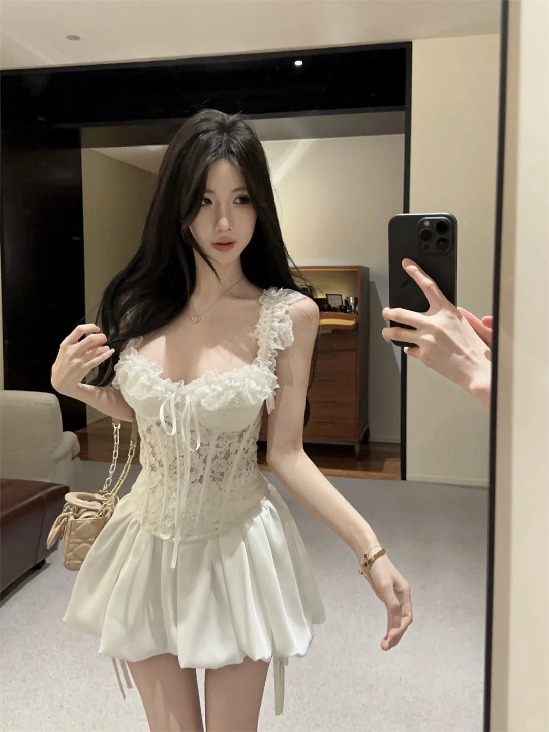 White Floral Lace Sweetheart Neck Party Dress R9091