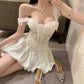 White Floral Lace Sweetheart Neck Party Dress R9091