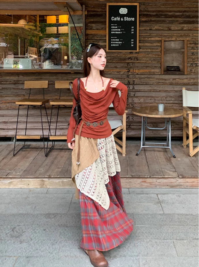 Fairy outfit two-piece suit design halter neck t-shirt fake two-piece plaid skirt suit R1699