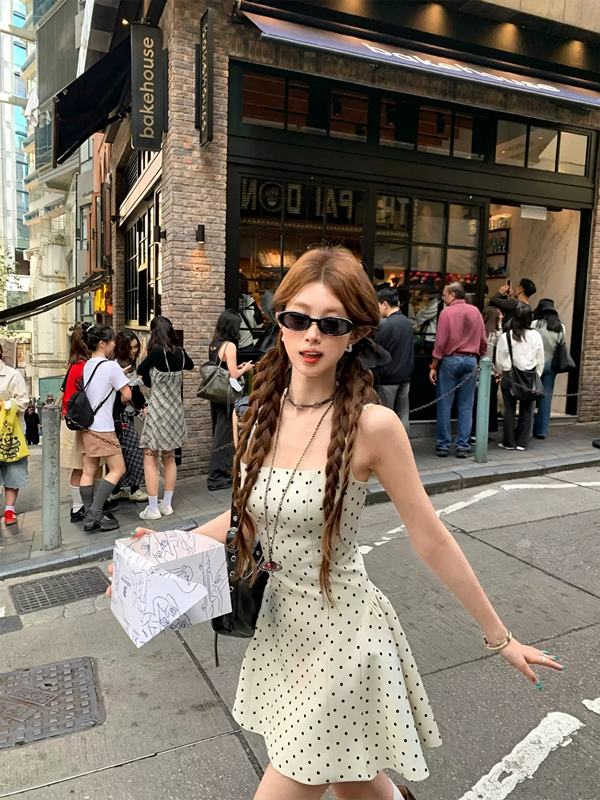 French-style color-blocked polka dot print dress R9096