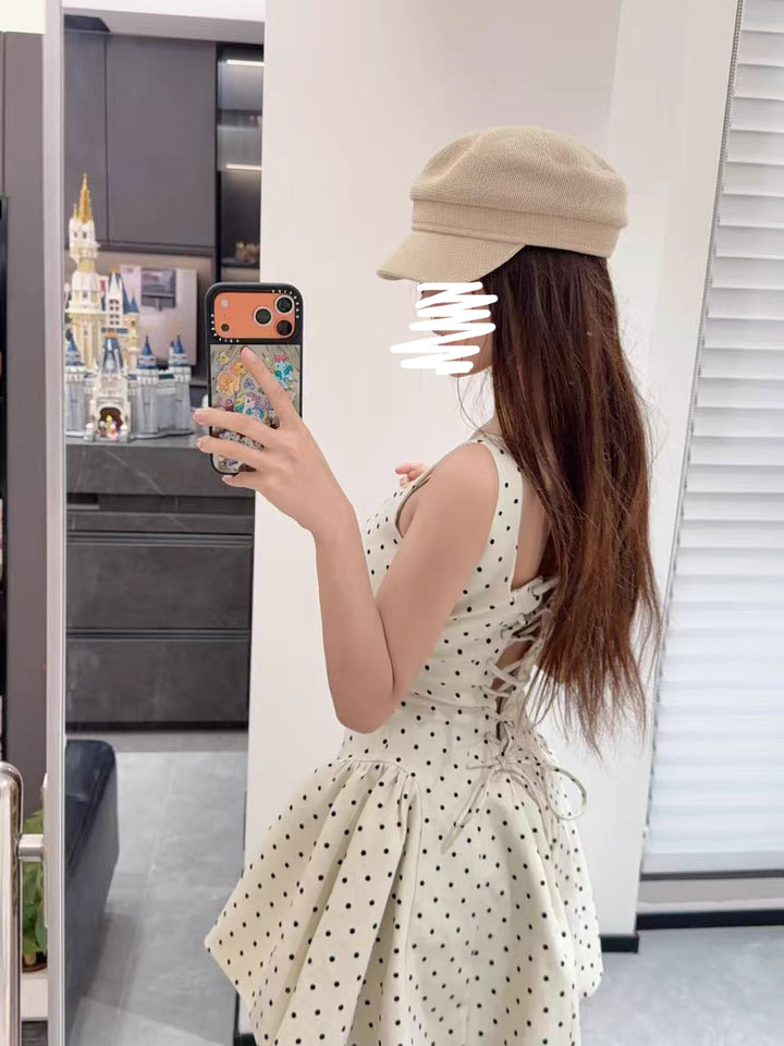 French-style color-blocked polka dot print dress R9096