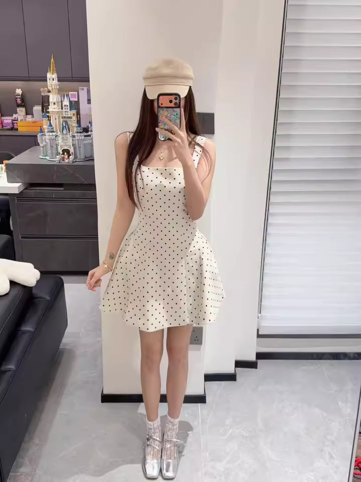 French-style color-blocked polka dot print dress R9096