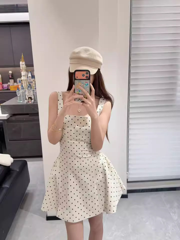 French-style color-blocked polka dot print dress R9096