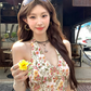 French halter neck A-line romantic floral print dress R9097