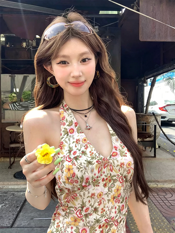 French halter neck A-line romantic floral print dress R9097