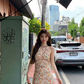 French halter neck A-line romantic floral print dress R9097