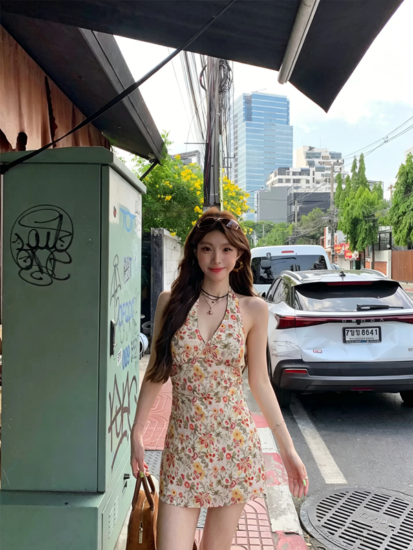 French halter neck A-line romantic floral print dress R9097