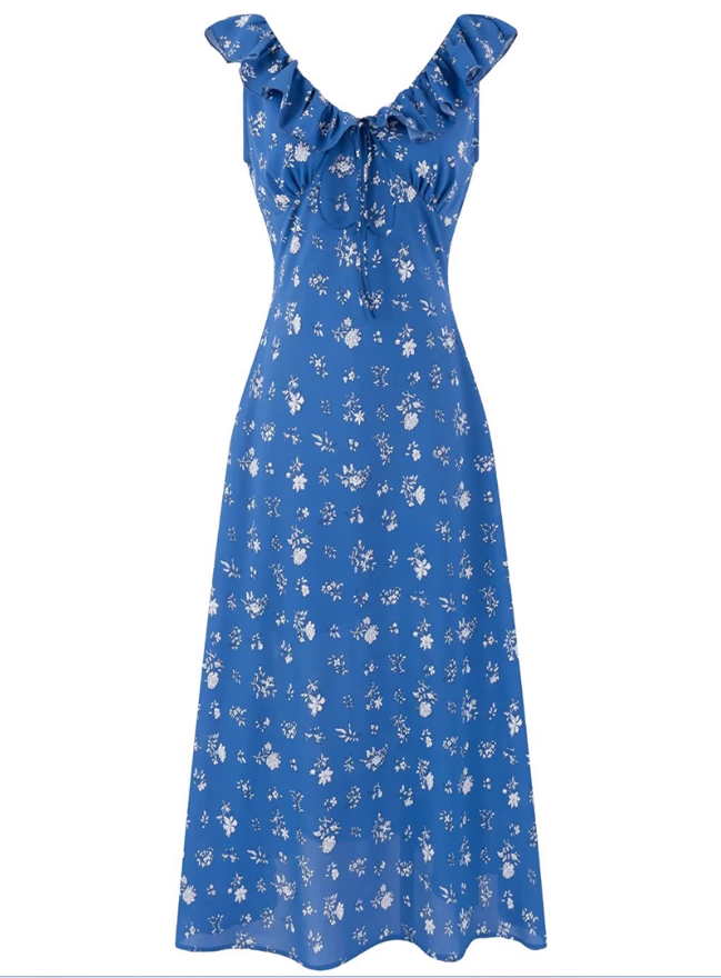 2025 Summer New Retro Blue Floral Ruffle Waist V-Neck Holiday Dress R0976