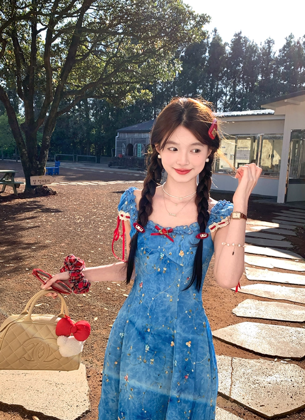 Blue tie-dye printed embroidered suspender dress summer French temperament skirt R4781