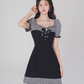 Women's summer square neck high waist straight skirt summer fungus plaid short skirt R4500