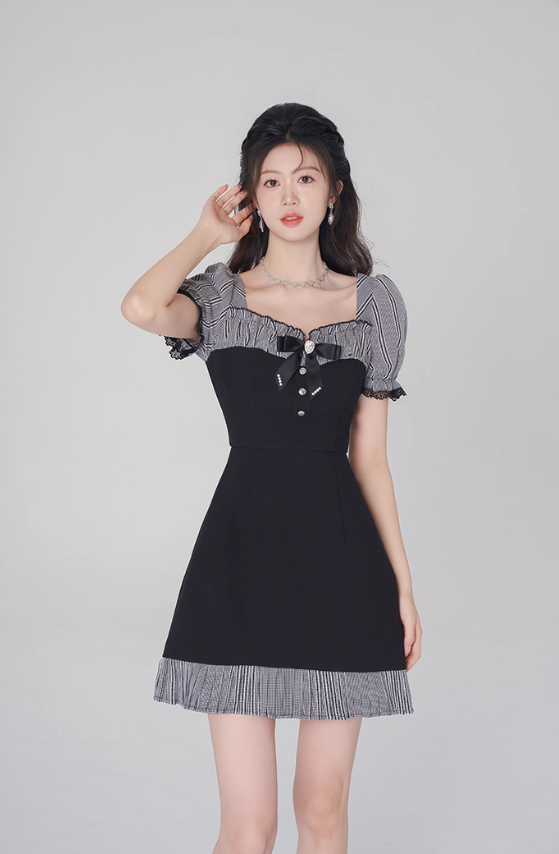 Women's summer square neck high waist straight skirt summer fungus plaid short skirt R4500