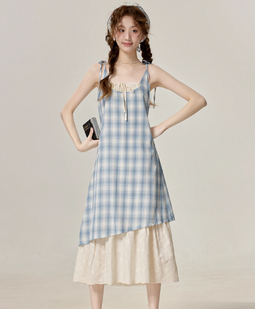 Summer temperament blue plaid suspender dress beautiful holiday dress R1891