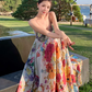 Beach long dress with flowers and floral pattern, high waist chiffon suspenders and large skirt R1628