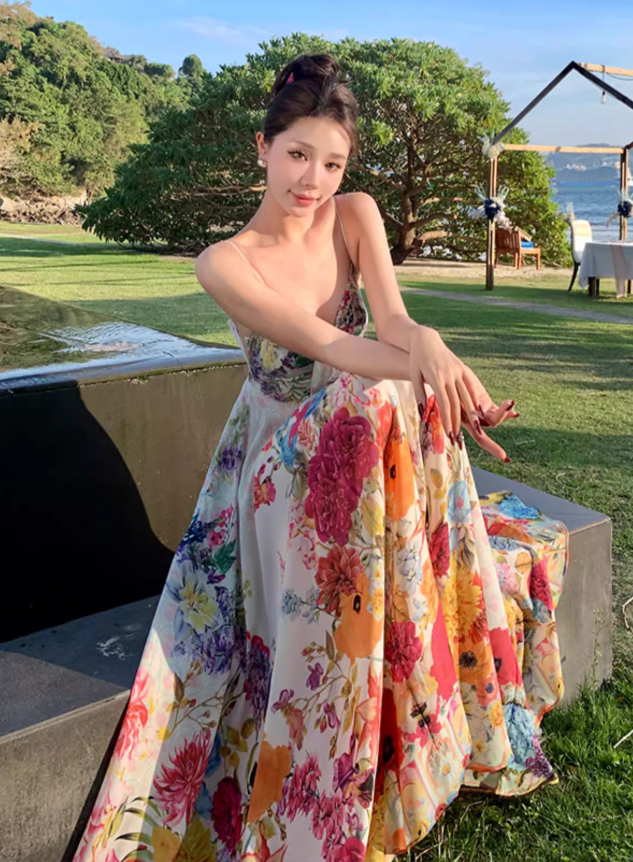 Beach long dress with flowers and floral pattern, high waist chiffon suspenders and large skirt R1628