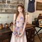 Long purple waist-length neckline suspender dress summer French retro temperament slim skirt R4780