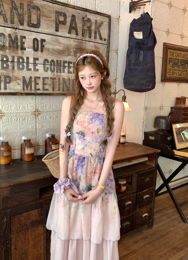 Long purple waist-length neckline suspender dress summer French retro temperament slim skirt R4780