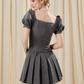 College style lace stitching gray puff short sleeve waist pleated dress R5210