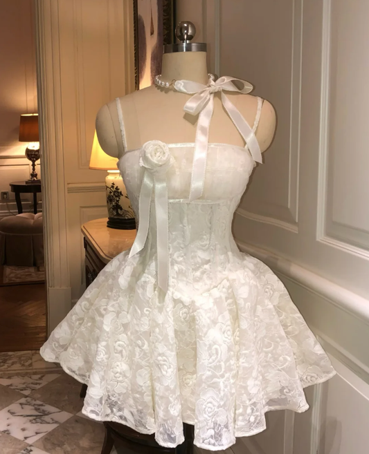 White suspenders waist slim lace skirt slim A-line short skirt homecoming dress R4158